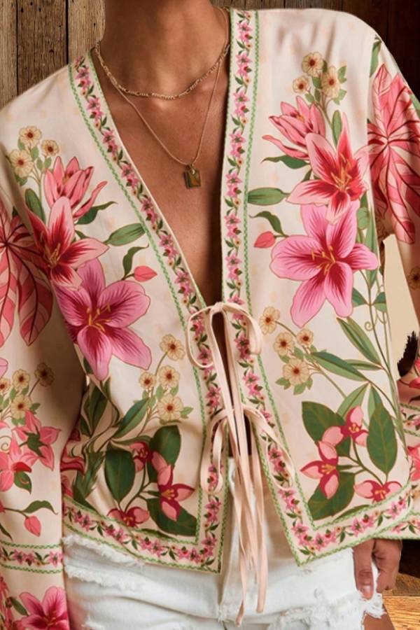 Vintage Printed V-Neck Tie Front Flare Sleeve Cropped Cardigan
