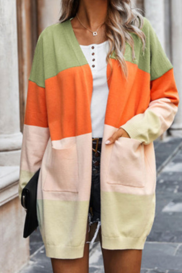 Contrasting rainbow paneled striped long cardigan sweater with pockets Green