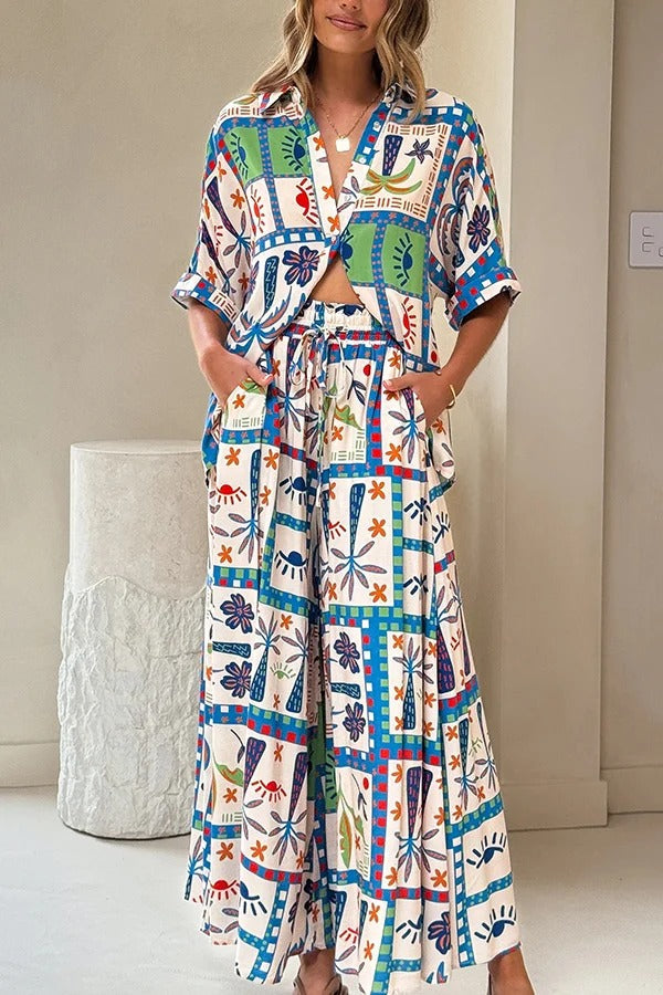 Unique Print Lapel Short Sleeve Loose Shirt and Elastic Waist Casual Pocket Wide Leg Pants Set