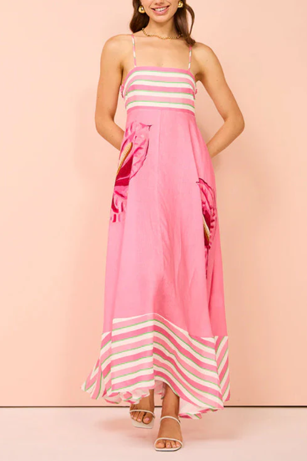 Backless Stripes Splice Floral Print Swing Maxi Cami Dress Pink