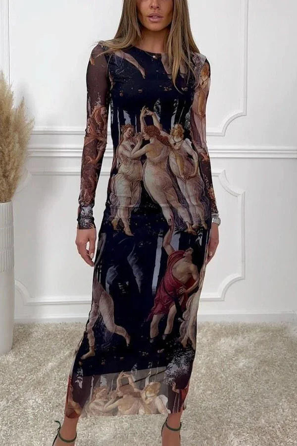 The Heaven Mesh Renaissance Print Stretch Midi Dress Multicolor