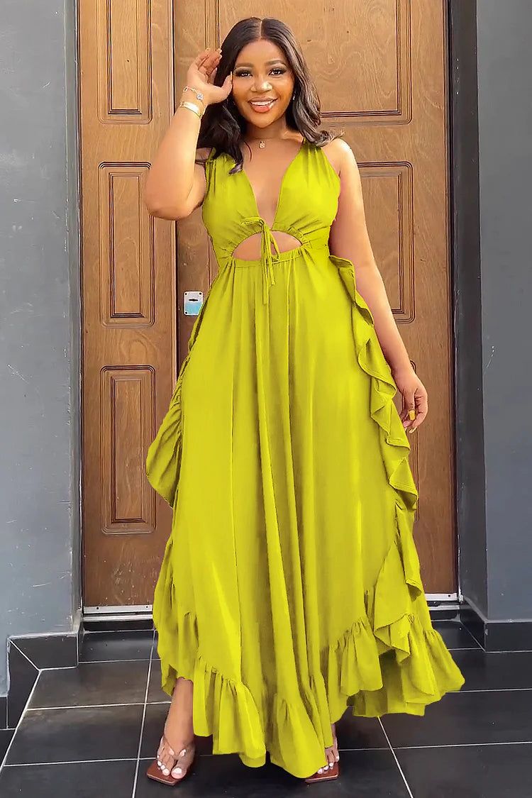 DEEP V NECK CAMI ASYMMETRIC RUFFLED A-LINE VACATION MAXI DRESS