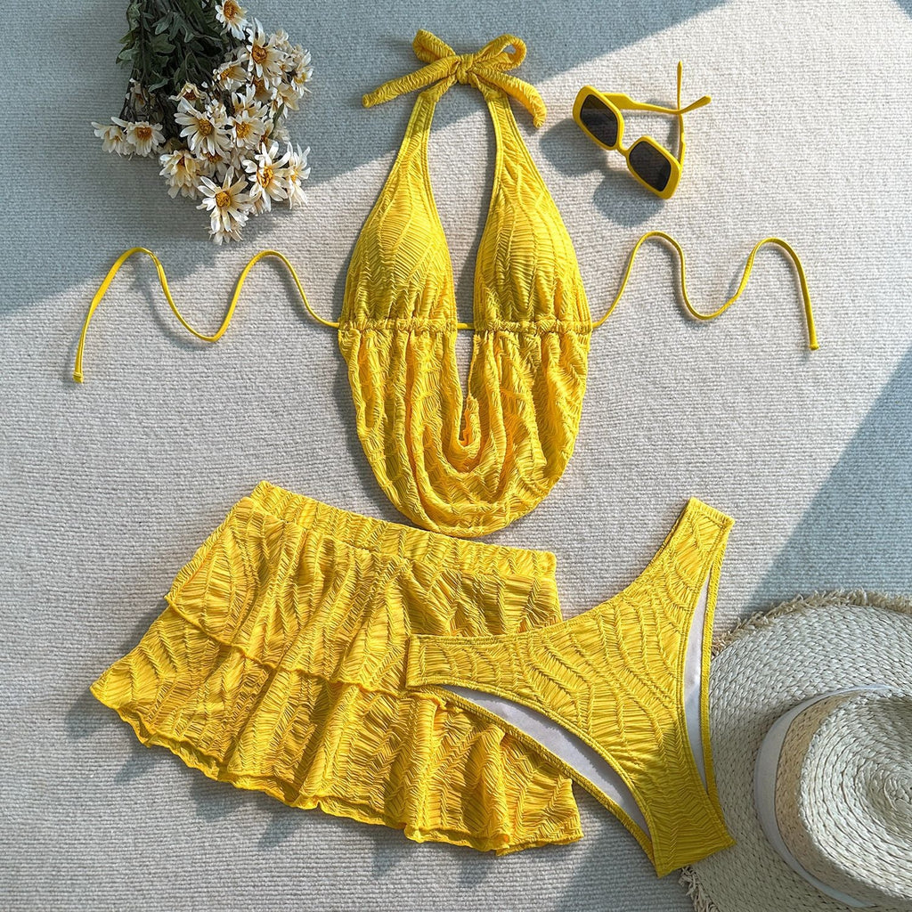 Halter Deep V Ruched Three-Piece Swimsuit