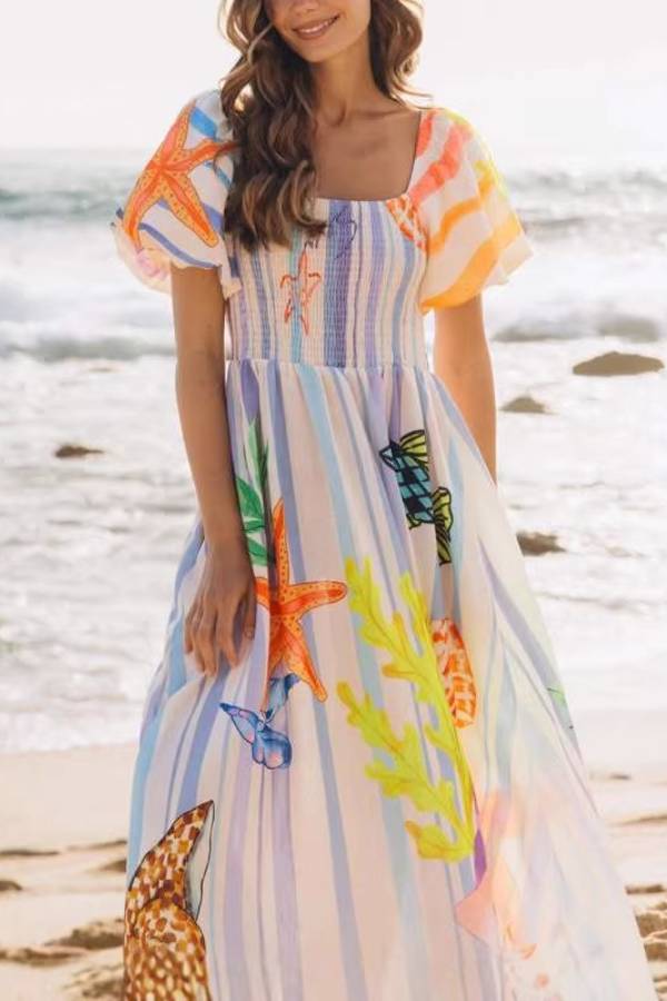 Square Neck Puff Sleeve Marine Life Print Smocked Waist Maxi Dress