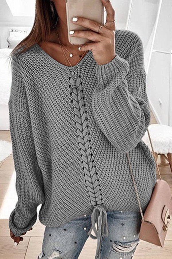 Loose V Neck Drawstring Open Back Pullover Knitted Sweater Grey