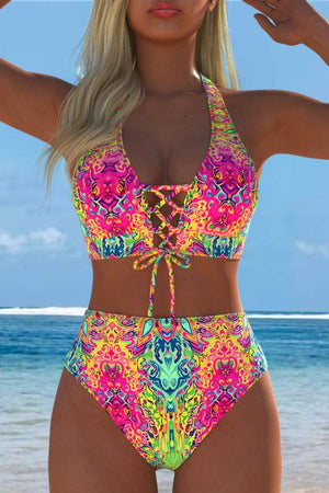 Trippy Print Halter Lace-Up High-Waisted Two-Piece Bikini Swimsuit