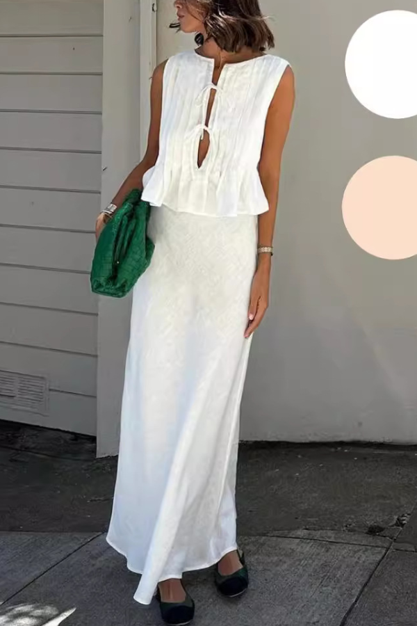 Cotton and Linen Sleeveless Strappy Women's Shirt Long Skirt High Street White