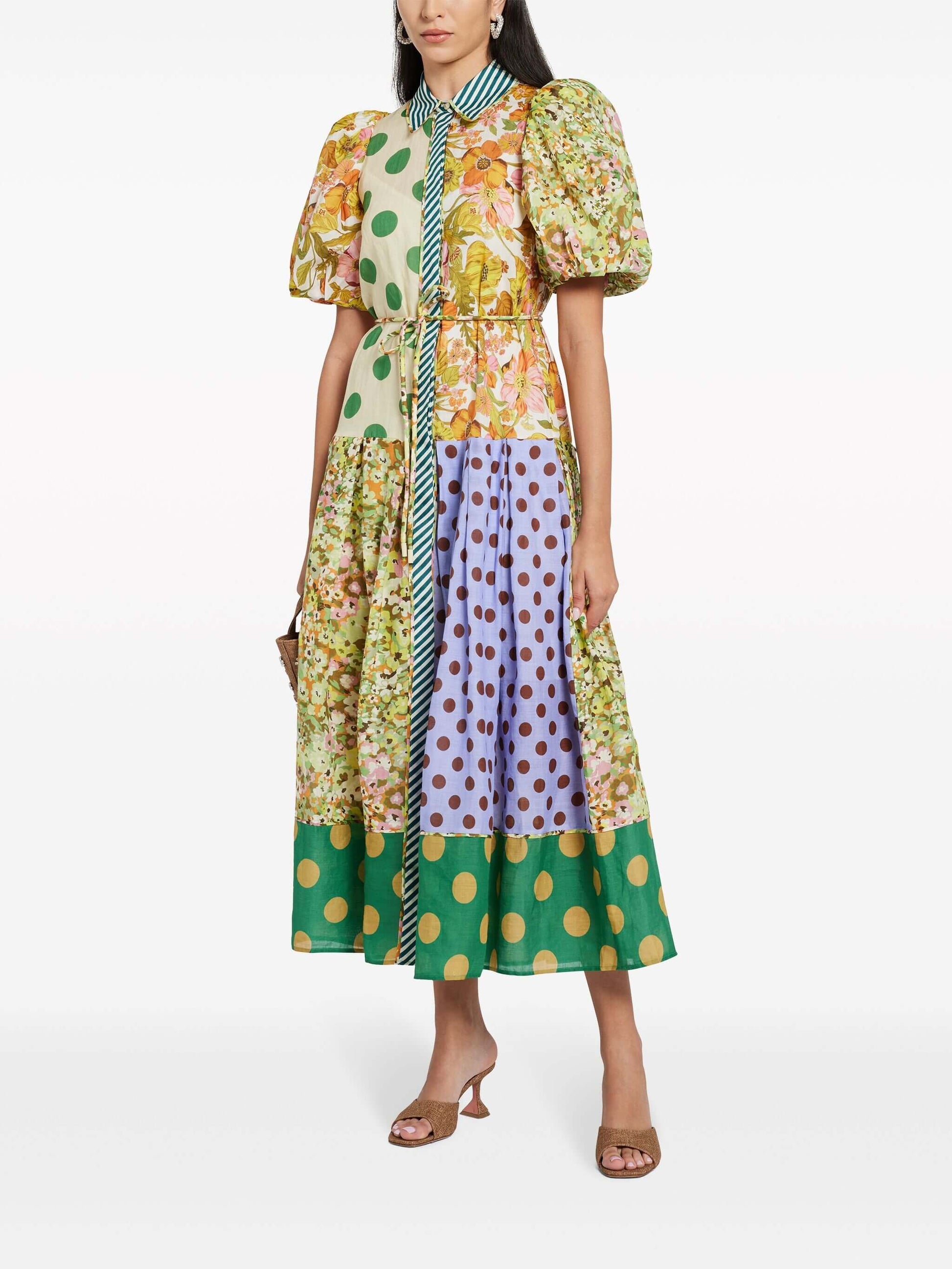Robe mi-longue à manches bouffantes et imprimé floral rétro exquis