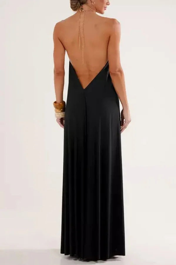 Ocean Goddess Metal Circular Chain Halter Backless Vacation A-line Maxi Dress