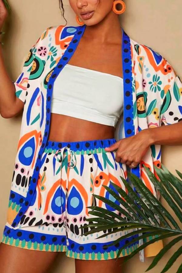 Tropical Bird & Floral Print Kimono Top & Shorts Set