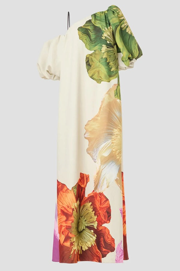 Floral Print Slant Collar Puff Sleeves Loose Holiday Maxi Dress