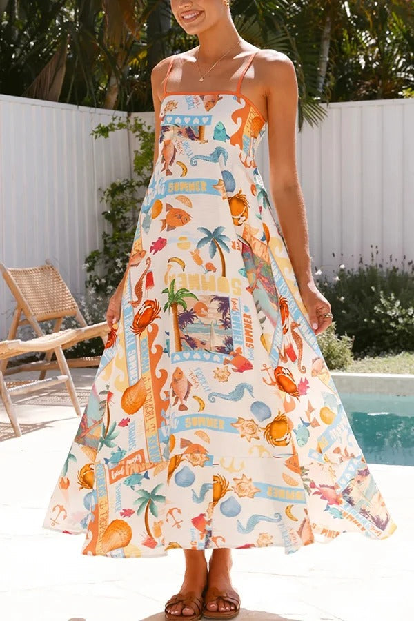 Marine Life Print Sleeveless Sling Holiday Maxi Dress Orange