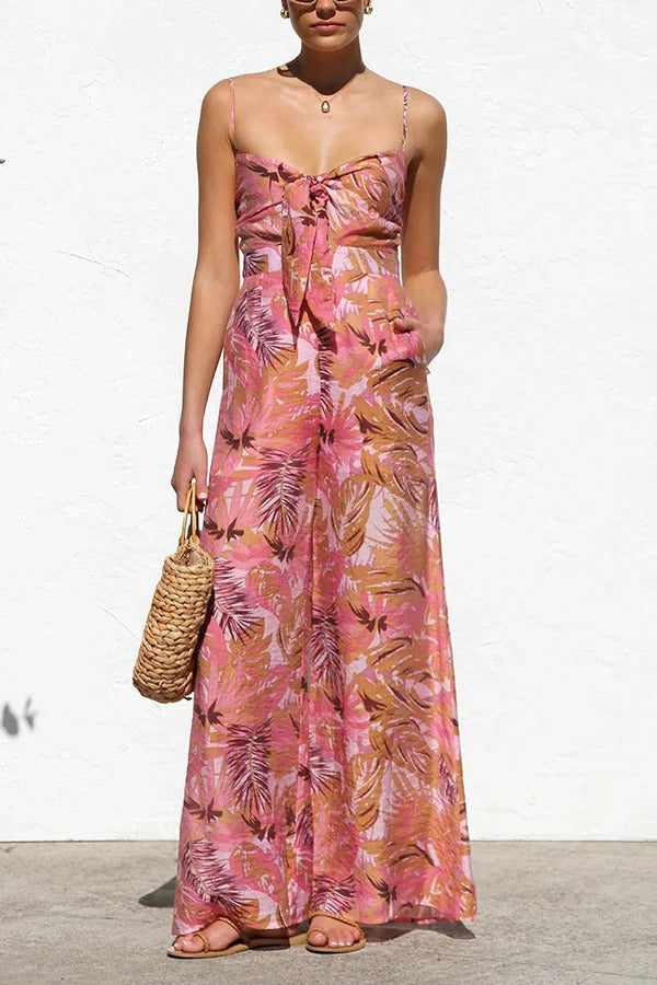 Botanical Print Strappy Resort Style Wide-leg Pants Jumpsuit Pink
