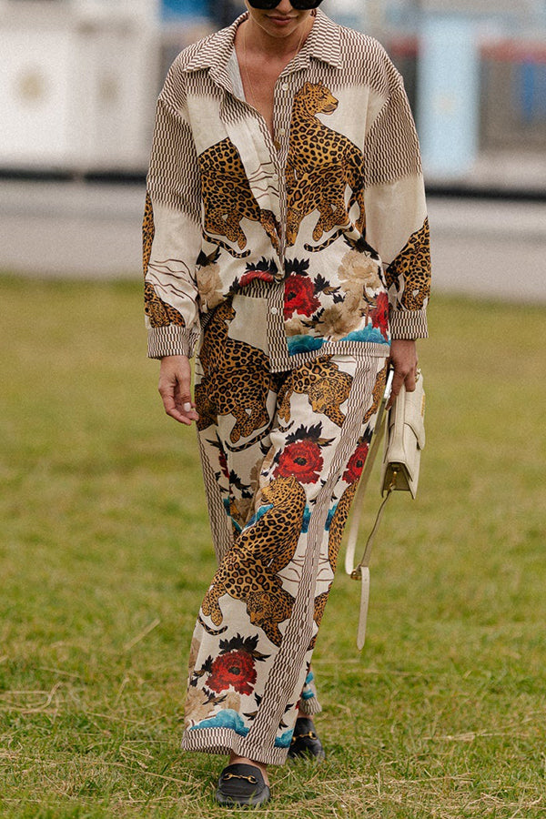 Exotic Leopard Flower Patchwork Print Elastic Waist Pocket Wide Leg Pants MULTICOLOR