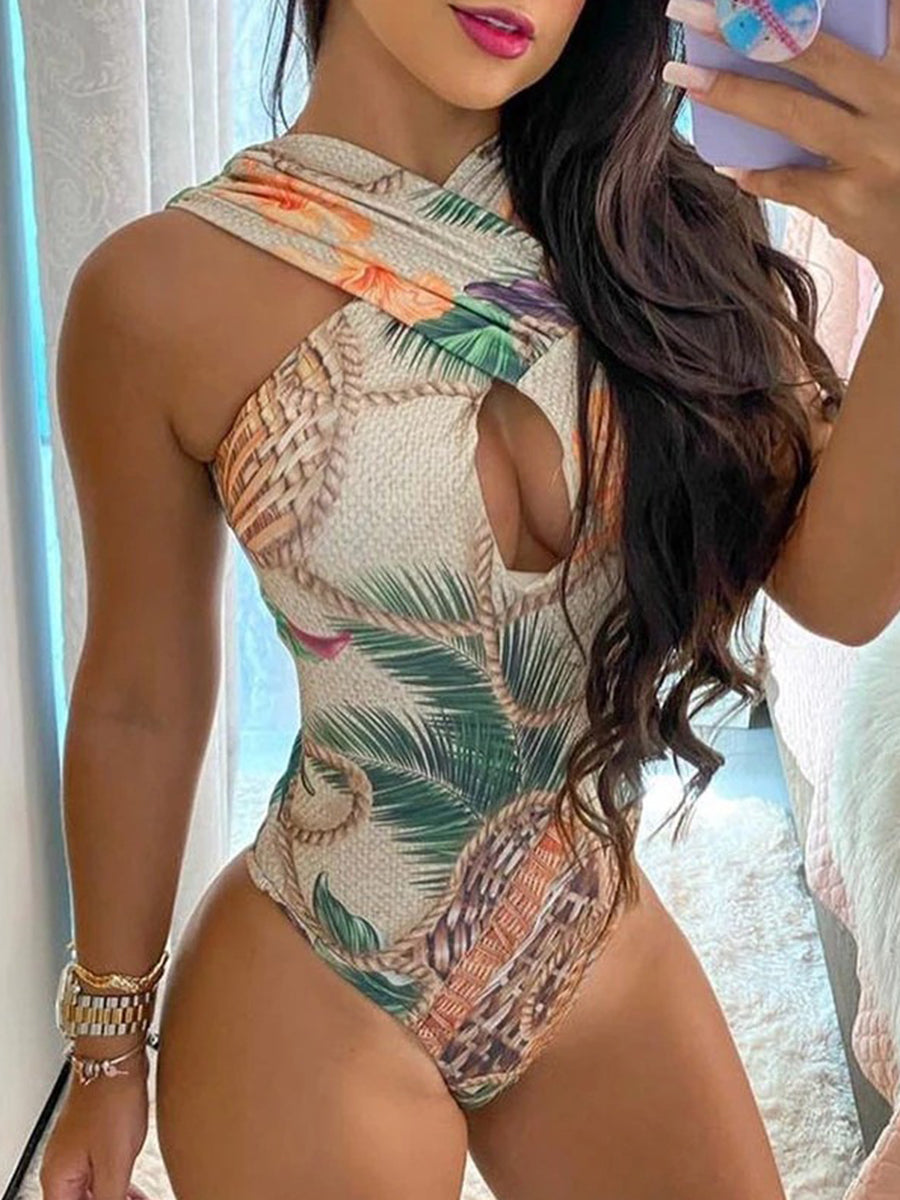 Halter Cutout Front Tropical Print One Piece Swimsuit Green