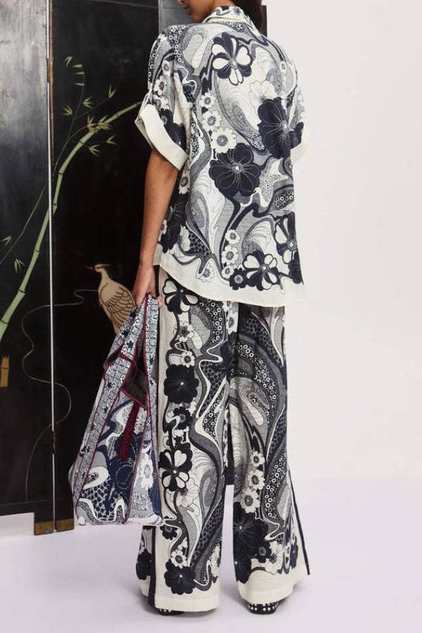 Ink Floral Print Short Sleeve Shirt & Wide Leg Pants Loungewear Set