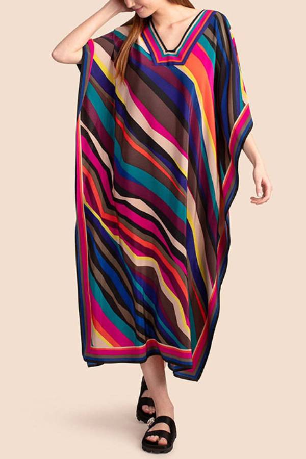 Multi-Color Printed V-Neck Kimono-Sleeve Maxi Kaftan