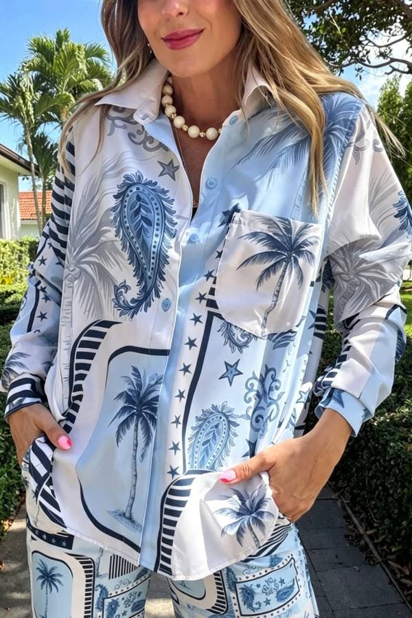 Esella Satin Jungle Print Long Sleeve Shirt and Elastic Waist Pocket Wide Leg Pants Set