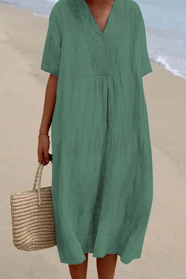 Loose Short Sleeved Solid V-Neck Dress Green XXL