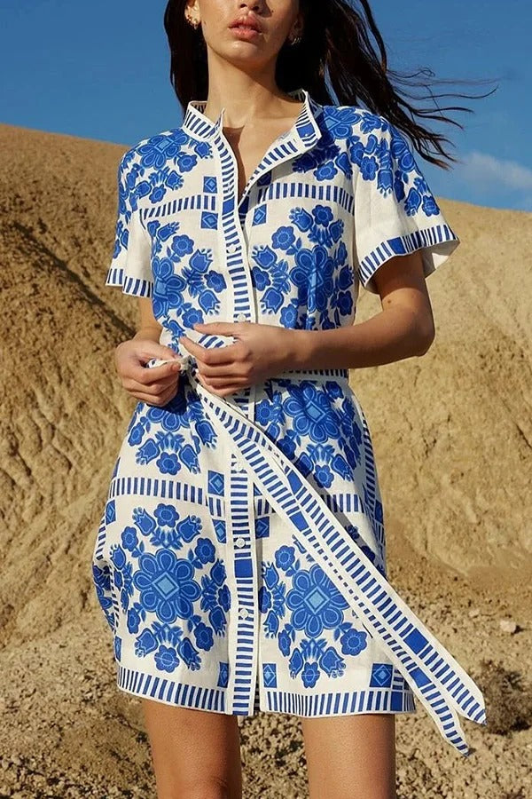 Unique Print Short Sleeve Button Tie Waist Mini Dress Blue