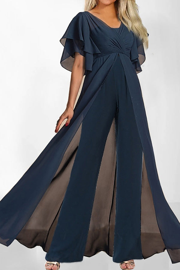 Fashion Solid Color Short Sleeve High Waist Jumpsuit Navy blue