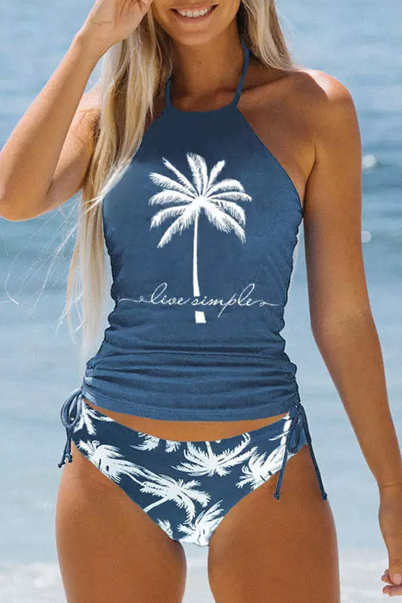 Live Simple Coconut Tree Halter Two Piece Swimwear Blue