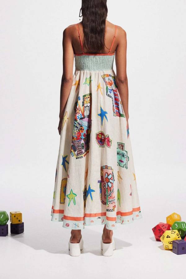 Artistic Graffiti Print Contrast Strap Maxi Dress