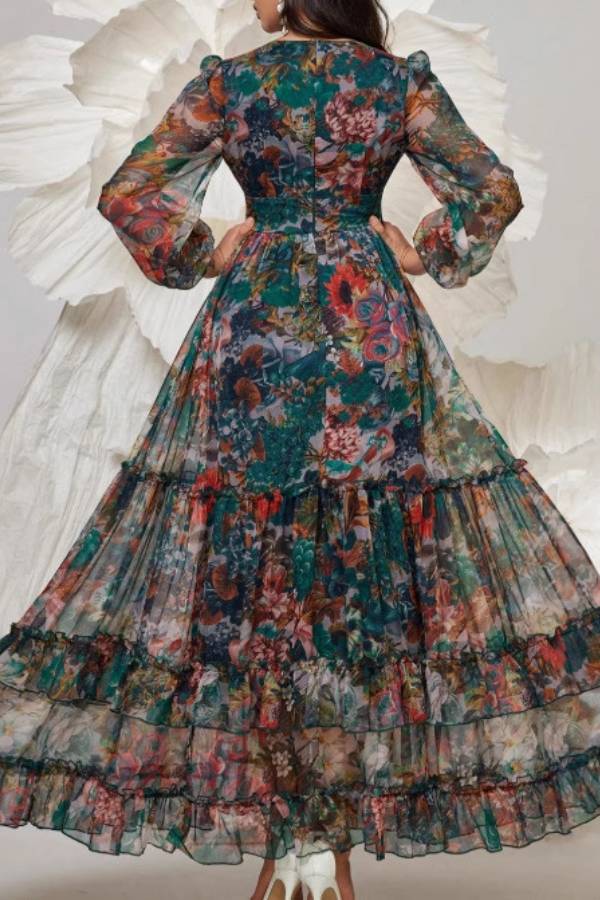 Vintage Oil Painting Floral Print V-Neck Puff Sleeve Tiered Ruffle Maxi Dress