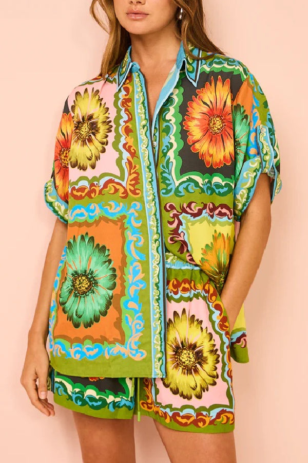 Loose casual shorts fashionable versatile printed daisy flower linen two-piece suit Green