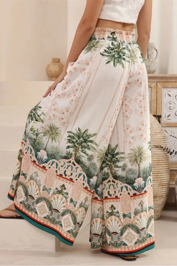 Unique Printed Casual Elastic Waist Pockets Loose Wide-leg Pants