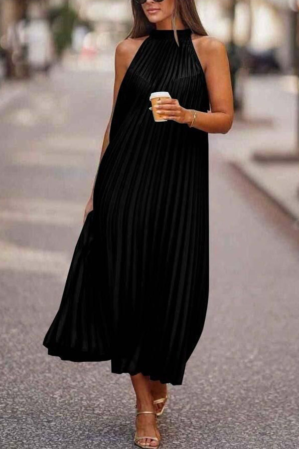 Take Me There Pleated A-line Loose Midi Dress Black