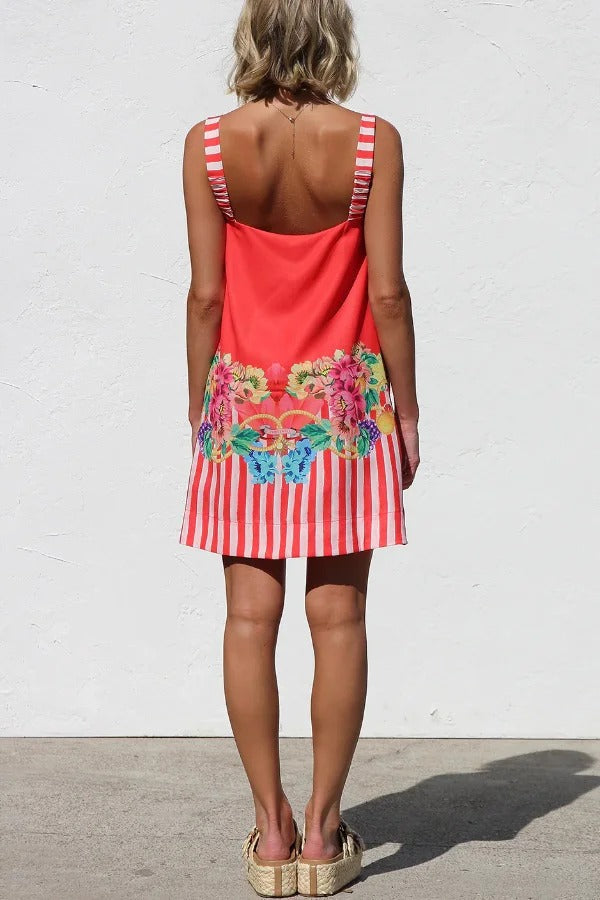 Floral Striped Print Square Neck Backless Loose Mini Dress