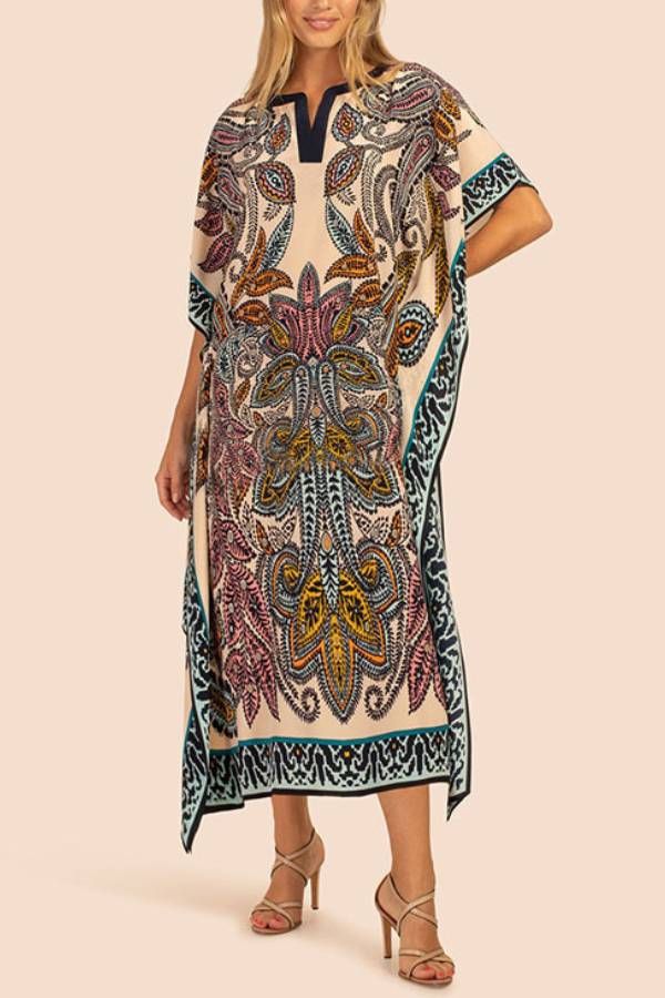Multi-Color Printed V-Neck Kimono-Sleeve Maxi Kaftan