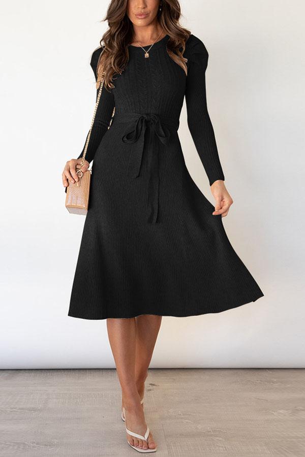Bubble Long-sleeved Knitted Mid-length Dress Black