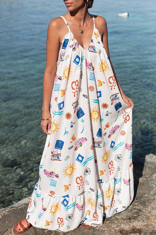 Multi-Print Backless Strap Vacation Flowy Maxi Dress