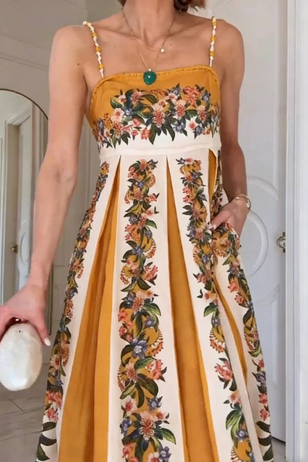 Bloom Bright Linen Blend Floral Print Beaded Shoulder Straps Pocket Maxi Dress