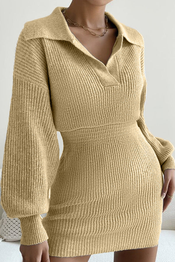 Lapel Balloon Sleeve Knit Dress Khaki