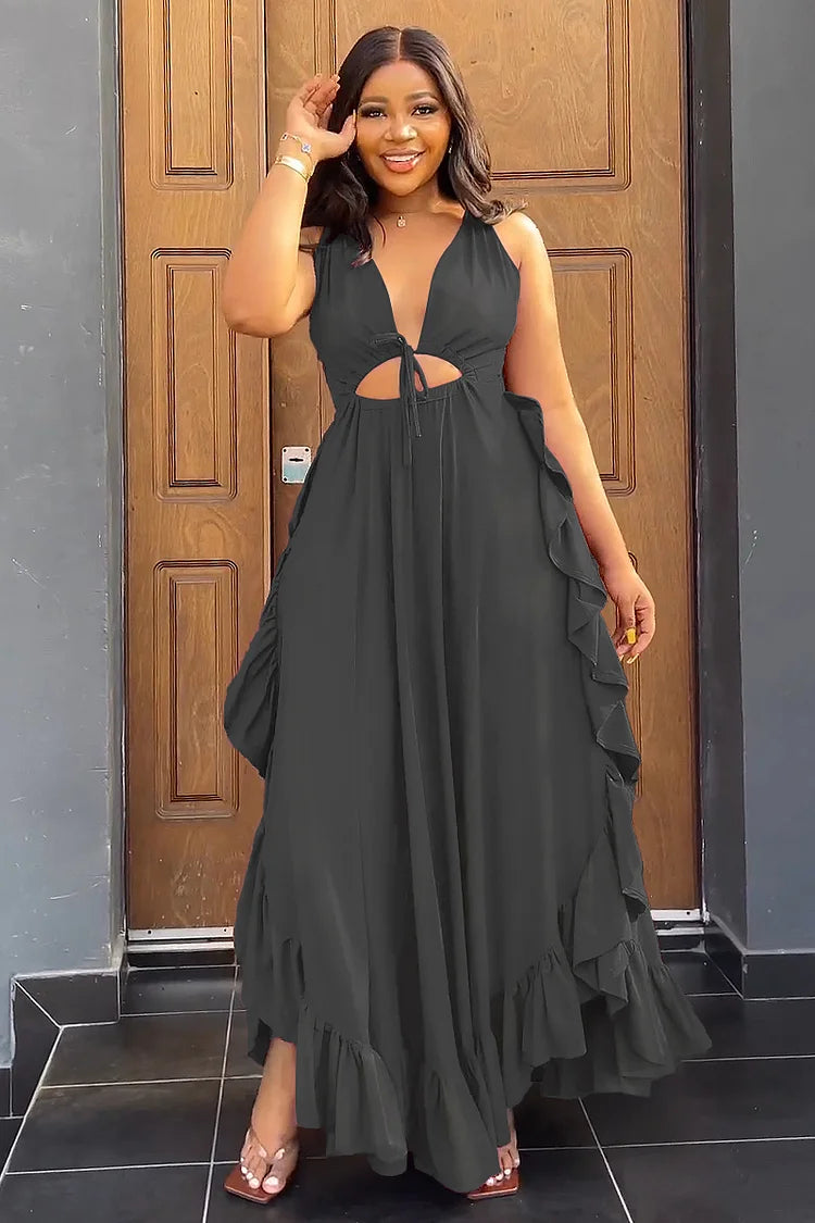 DEEP V NECK CAMI ASYMMETRIC RUFFLED A-LINE VACATION MAXI DRESS Black