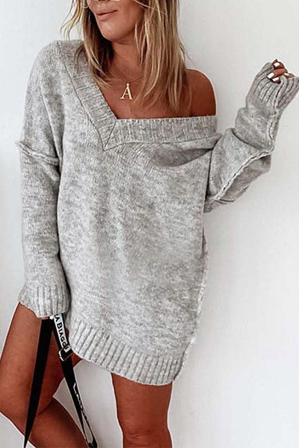 Exposed Seam V Neck Slouchy Sweater Grey