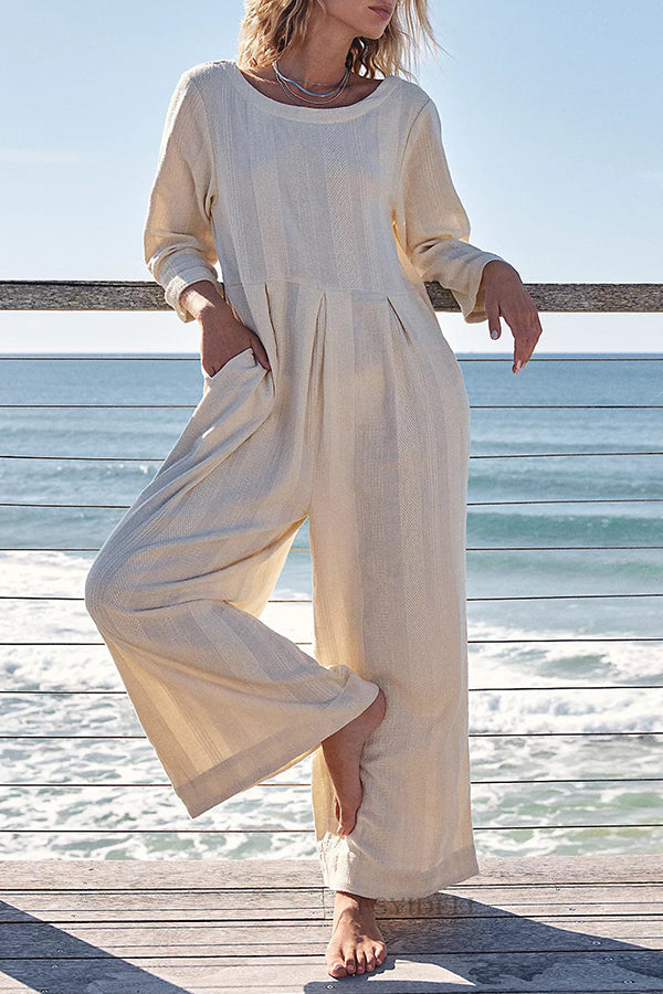 Multicolor loose round neck casual wide leg jumpsuit White