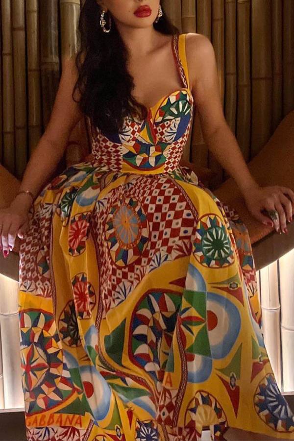 Unique Sunset Walk Ethnic Pattern Print Backless Midi Dress