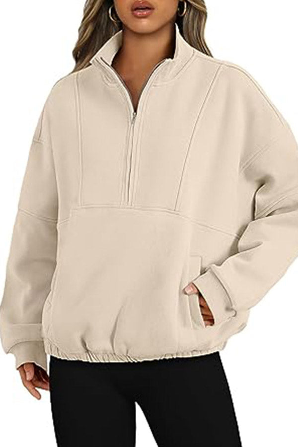 Zip Pocket Pullover Stand Collar Long Sleeve Top Beige