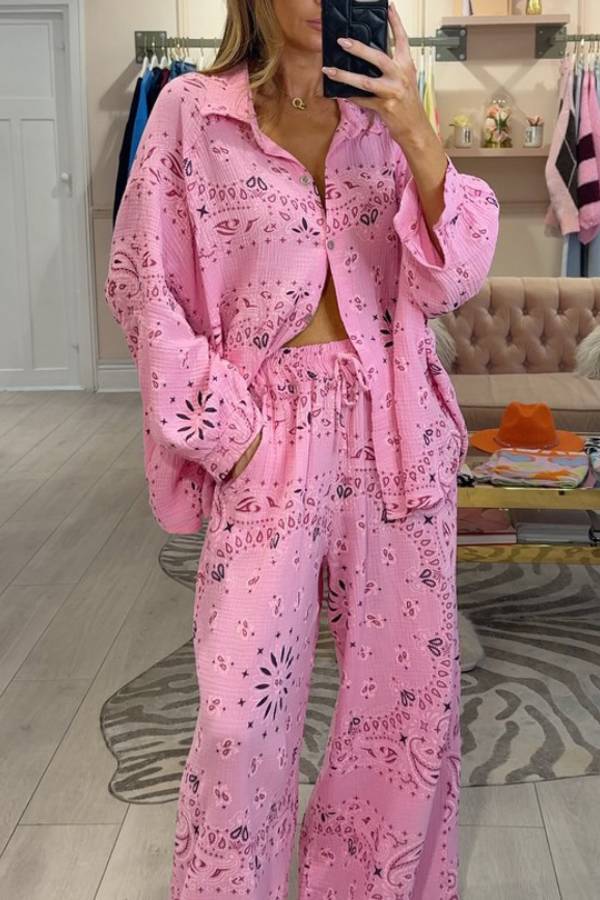 Paisley Print Oversized Shirt & Wide‑Leg Pants Vacation Two‑Piece Set