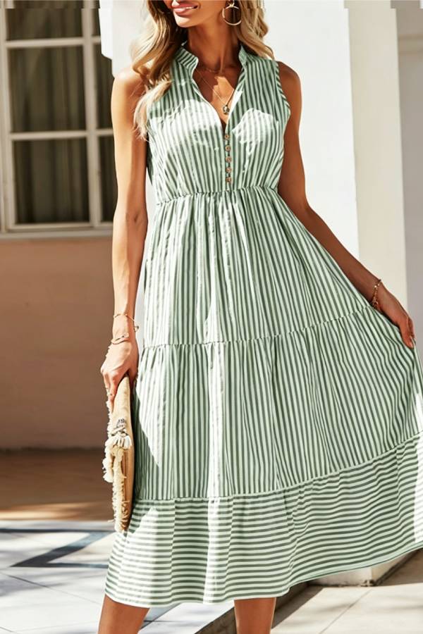 Multi-Color Striped V-Neck Sleeveless Waisted Tiered Maxi Dress