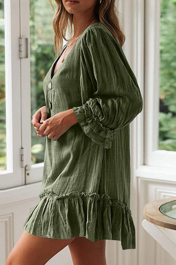 Loose Long Sleeve Ruffle Hem Cotton Linen Dress