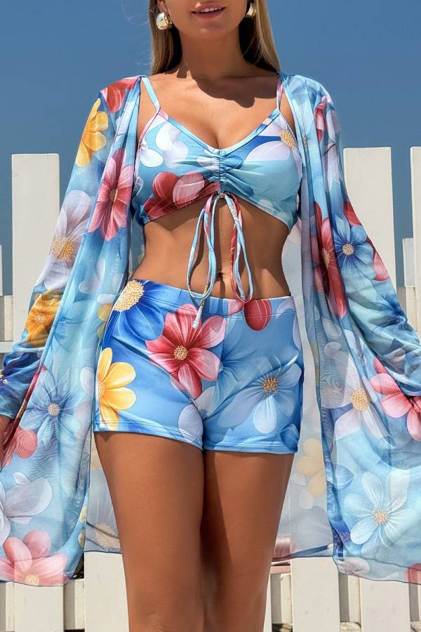 Printed Sun Protection Three-Piece Swimsuit Set
