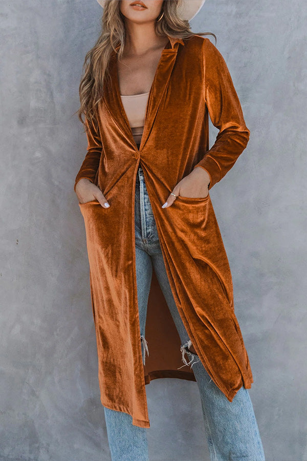 Casual Velvet Lapel Pocket Long Coat Orange