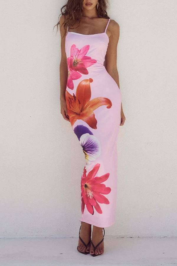 Spaghetti Strap Floral Print Bodycon Slit Maxi Dress