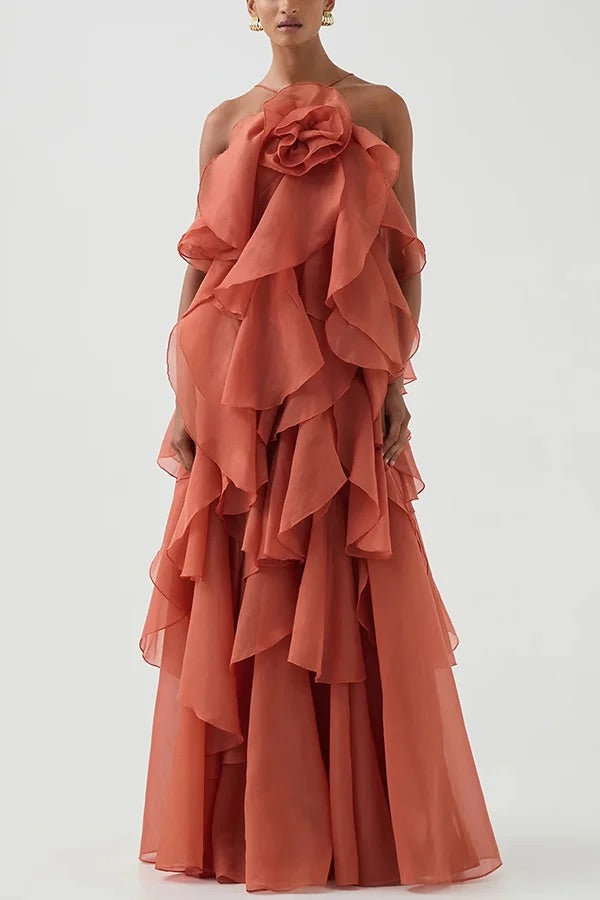 Free - Flowing Rose Detail Tiered Ruffles Halter A-line Maxi Dress Orange