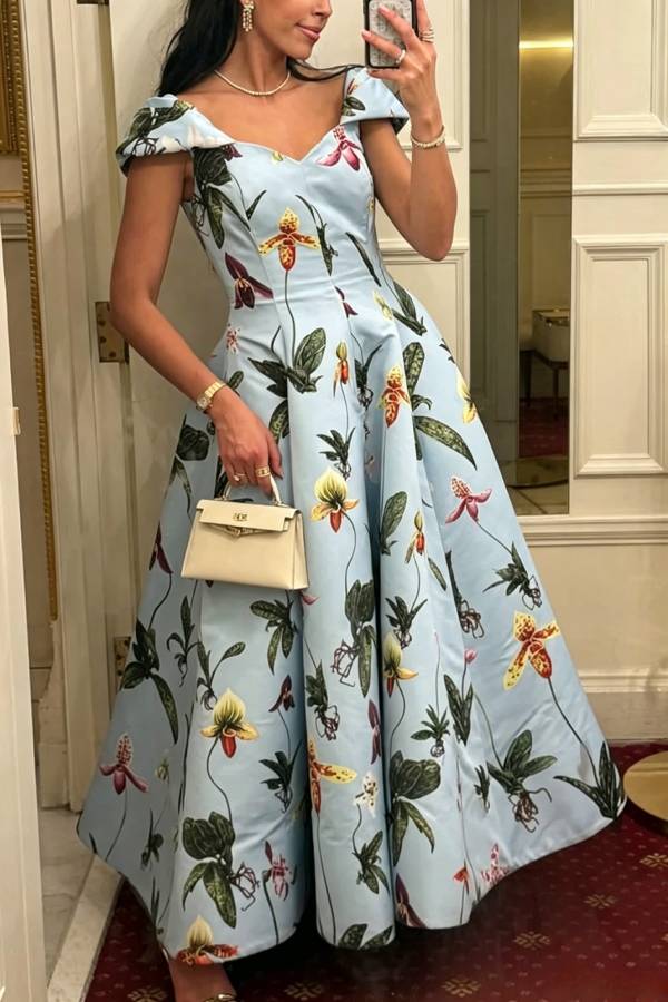 Fresh Bloom Floral Print Short Sleeve Umbrella Hem Maxi Dress
